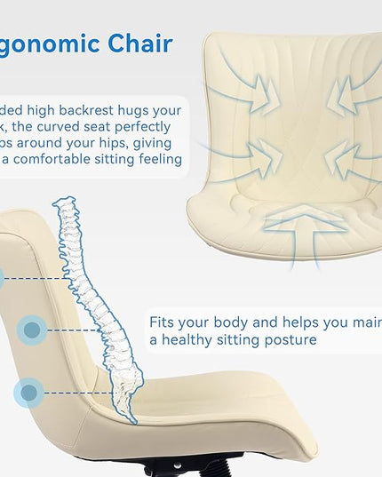 YOUNIKE Office Chair, Armless Desk Chair with Wheels, Home Office Computer Task Chairs, Modern Faux Leather Padded Vanity Chair, Adjustable Swivel Rocking Office Chair with Back, Beige - LeafyLoom