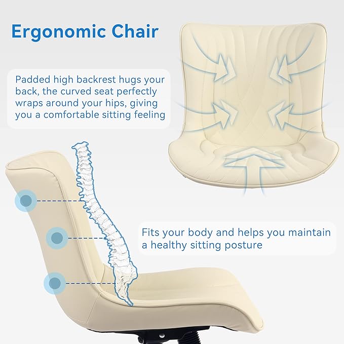 YOUNIKE Office Chair, Armless Desk Chair with Wheels, Home Office Computer Task Chairs, Modern Faux Leather Padded Vanity Chair, Adjustable Swivel Rocking Office Chair with Back, Beige - LeafyLoom