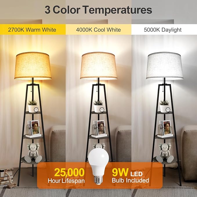 OUTON Tripod Floor Lamp with Shelves, Modern Shelf Floor Lamp with 3 Color Temperature, LED Dimmable Tall Standing Corner Lamp with Beige Linen Texture Shade for Living Room, Bedroom, Office, Grey - LeafyLoom