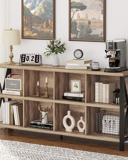 FATORRI 8 Cube Storage Organizer Bookshelf, Rustic Wood Cubby Bookcase, Industrial Horizontal Long Shelf for Living Room (Rustic Oak, 62 Inch) - LeafyLoom