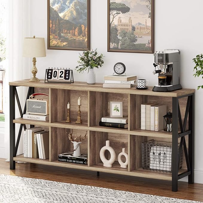 FATORRI 8 Cube Storage Organizer Bookshelf, Rustic Wood Cubby Bookcase, Industrial Horizontal Long Shelf for Living Room (Rustic Oak, 62 Inch) - LeafyLoom