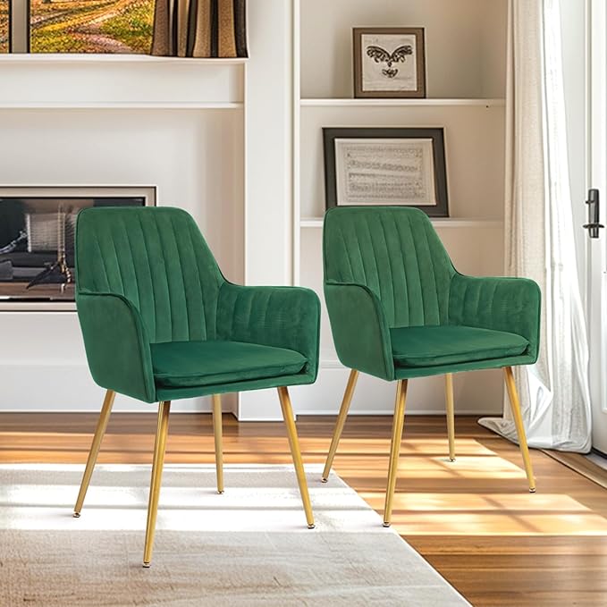 CangLong Furniture Modern Living Dining Room Accent Arm Chairs Club Guest with Gold Metal Legs, Set of 2, Green - LeafyLoom
