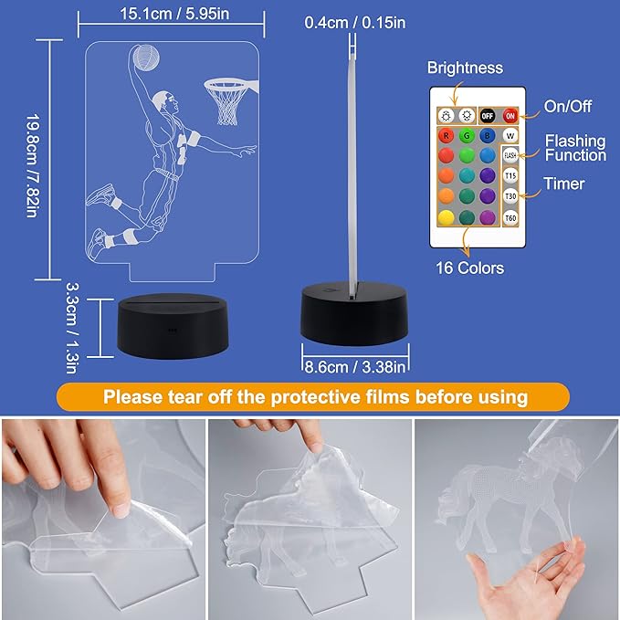 FULLOSUN Basketball 3D Night Light, Basketball Sport Gifts Bedside Lamp for Xmas Holiday Birthday Gifts for Kids Basketball Fan with Remote Control 16 Colors Changing + 4 Changing Mode + Dim Function - LeafyLoom