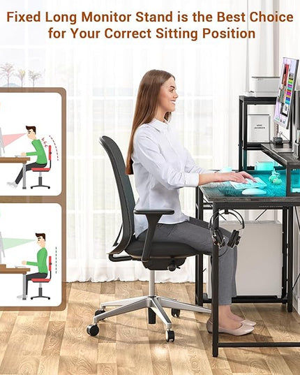 armocity 2024 Upgrade Gaming Desk with LED Lights, Small Computer Desk with Long Monitor Stand, 47.2'' Reversible Laptop Table with Storage Shelves, Small Desk for Small Spaces, Gaming Room, Grey - LeafyLoom