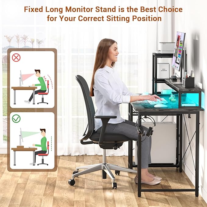armocity 2024 Upgrade Gaming Desk with LED Lights, Small Computer Desk with Long Monitor Stand, 47.2'' Reversible Laptop Table with Storage Shelves, Small Desk for Small Spaces, Gaming Room, Grey - LeafyLoom