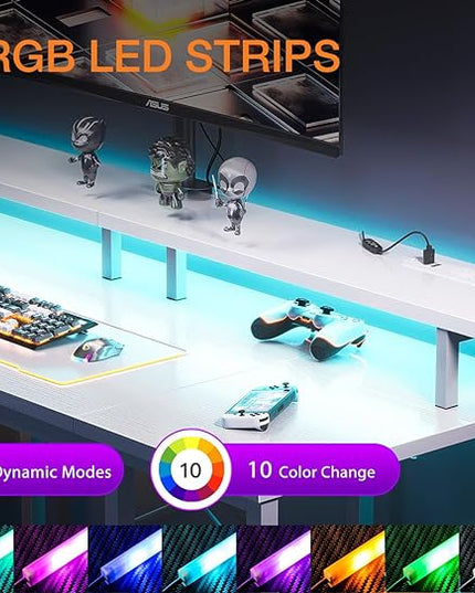 ODK 55 inch Gaming Desk with LED Lights & Power Outlets, Computer Desk with Monitor Stand & Storage Sheves, CPU Stand, Home Office Desk White - LeafyLoom