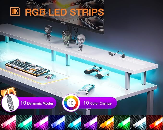 ODK 48 inch Gaming Desk with LED Lights & Power Outlets, Computer Desk with Monitor Stand & Storage Sheves, CPU Stand, Home Office Desk, White - LeafyLoom