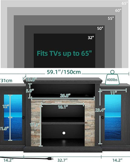 YITAHOME Modern TV Stand for up to 65 Inch TVs, Entertainment Center with LED Lights and Power Outlets, Farmhouse TV Cabinet Media Console Table with Glass Doors for Living Room, Black, 59 Inch - LeafyLoom