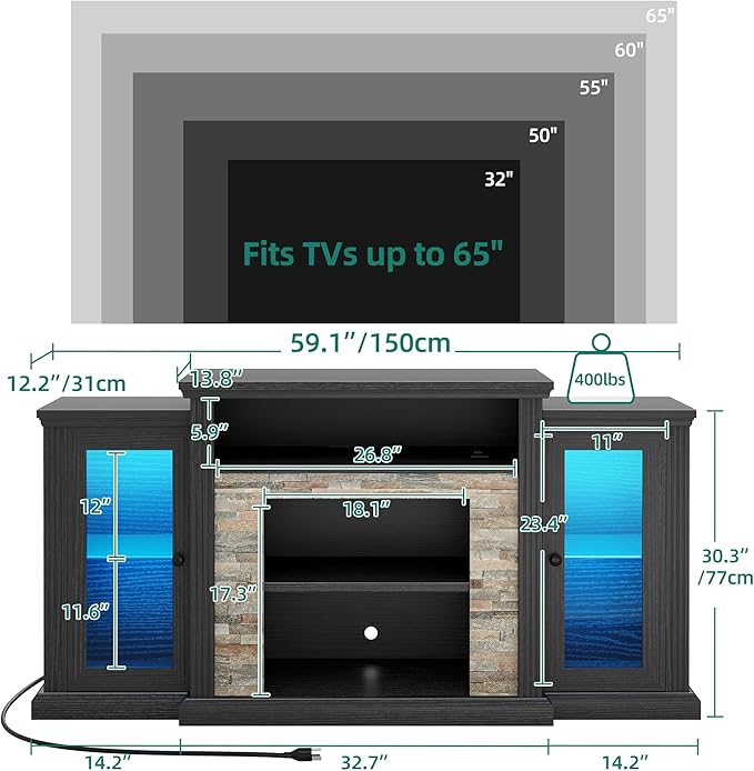 YITAHOME Modern TV Stand for up to 65 Inch TVs, Entertainment Center with LED Lights and Power Outlets, Farmhouse TV Cabinet Media Console Table with Glass Doors for Living Room, Black, 59 Inch - LeafyLoom