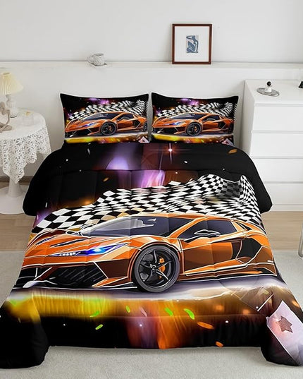 Feelyou Sports Car Comforter Set Queen, Orange Racing Car Bedding Set 3pcs for Kids Boys Teens Bedroom Cool Speed Luxury Car Decor, Black White Plaid Grid Print Quilt Set with 2 Pillowcases - LeafyLoom