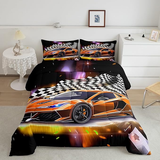 Feelyou Sports Car Comforter Set Queen, Orange Racing Car Bedding Set 3pcs for Kids Boys Teens Bedroom Cool Speed Luxury Car Decor, Black White Plaid Grid Print Quilt Set with 2 Pillowcases - LeafyLoom