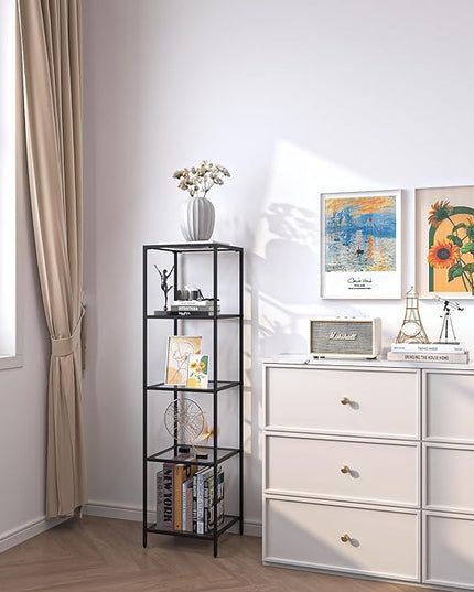 5-Tier Bookshelf,Metal Bookcase,Tempered Glass Shelves,Storage Rack Shelf for Home Office,Living Room,Bedroom, Bathroom,Modern Style, Black - LeafyLoom