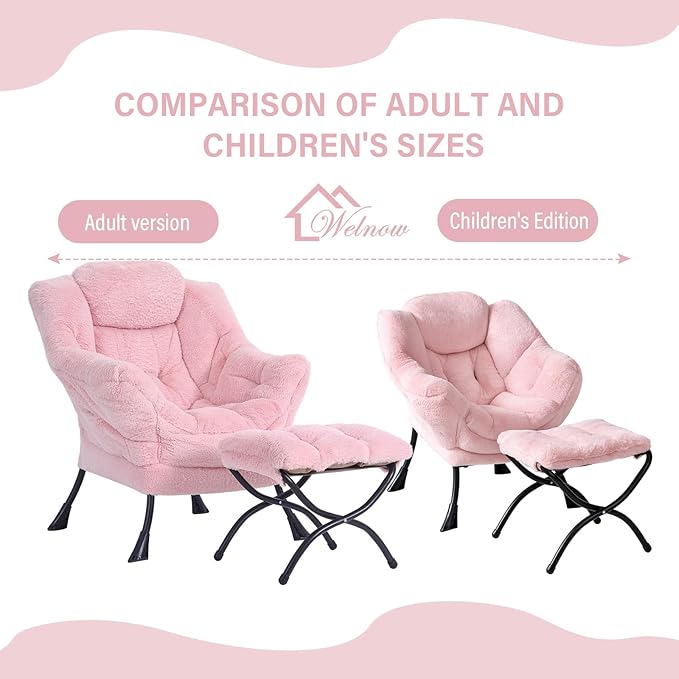 Welnow Toddler Kids Lazy Chair with Ottoman, Accent Comfy Lounge Children Armchair Couch with Armrest and Removable Cover, Detachable Reading Chair with Footrest for Boy or Girl, Plush Pink - LeafyLoom