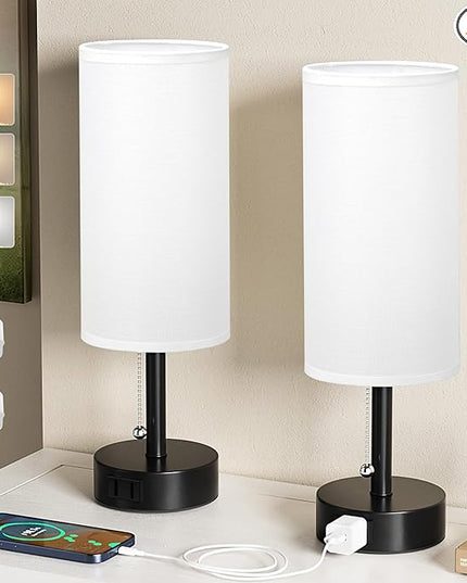 White Bedside Table Lamps Set of 2-3 Color Temperatures Pull Chain Lamp with AC Outlet Charging Port, Two Round Night Stand Lamps for Bedroom Office, Small Bed Side Light with E26 LED Bulbs - LeafyLoom