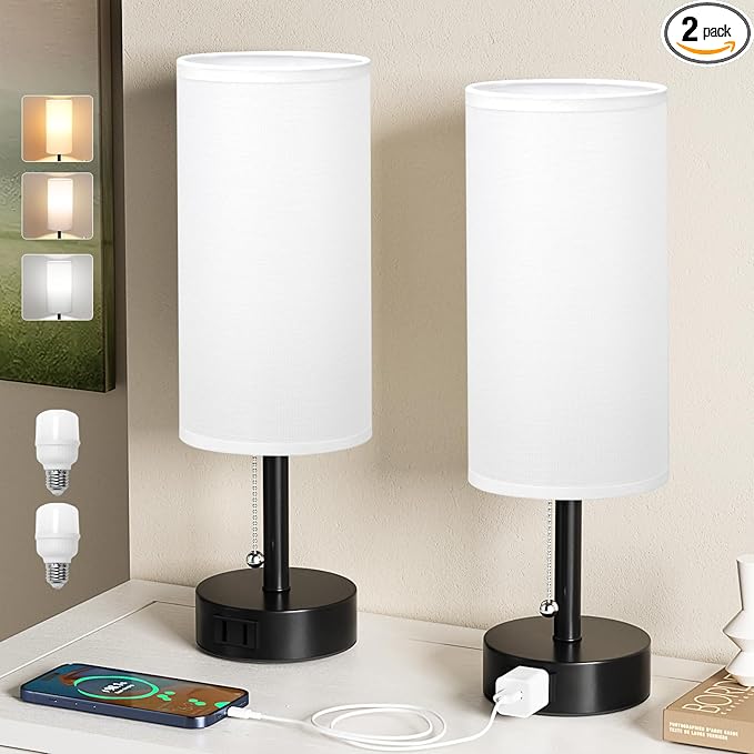 White Bedside Table Lamps Set of 2-3 Color Temperatures Pull Chain Lamp with AC Outlet Charging Port, Two Round Night Stand Lamps for Bedroom Office, Small Bed Side Light with E26 LED Bulbs - LeafyLoom
