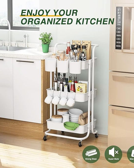 LEHOM 3-Tier Rolling Utility Cart with Hanging Cups & Hooks & Handle, Plastic Art Cart Organizer Storage with Wheels, Easy Assembly for Office, Bedroom, Kitchen, Bathroom, Laundry (White) - LeafyLoom