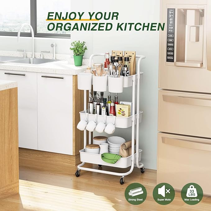 LEHOM 3-Tier Rolling Utility Cart with Hanging Cups & Hooks & Handle, Plastic Art Cart Organizer Storage with Wheels, Easy Assembly for Office, Bedroom, Kitchen, Bathroom, Laundry (White) - LeafyLoom
