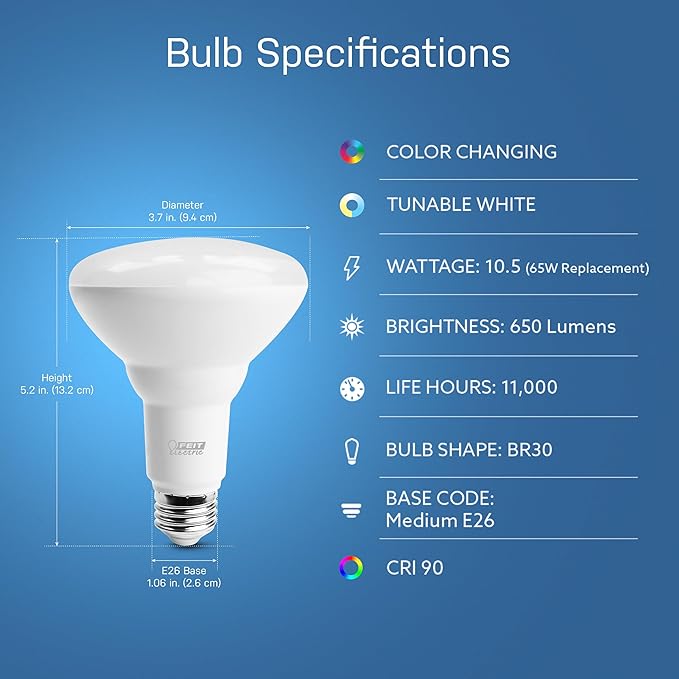 Feit Electric BR30 Smart Flood Light Bulb,2.4GHz WiFi Color Changing and Dimmable, No Hub, Works with Alexa or Google Assistant, BR30/RGBW/CA/AG, 65W, Multi-Color (RGBW), 1 Count (Pack of 1) FeitElectricCompany