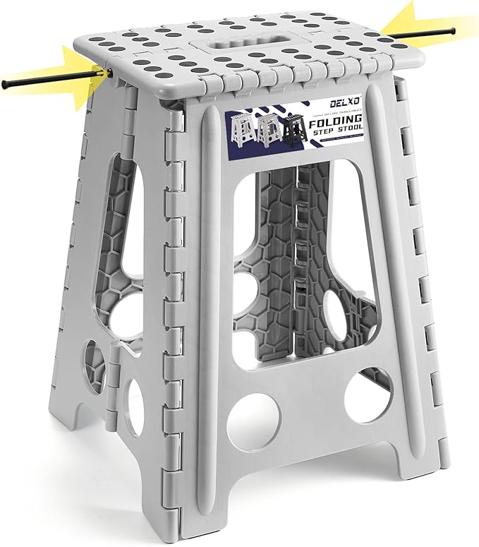 Delxo Folding Step Stool 17.5 Inch,Heavy Duty Step Stools for Adults,Non Slip Folding Stool with Handle,Premium Portable Foldable Step Stool for Kitchen Bathroom Bedroom Up to 400LBS,(Grey,1PC) - LeafyLoom