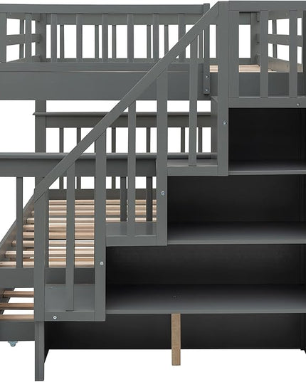 Stairway Full-Over-Full Bunk Bed with Twin Size Trundle, Storage Stairs and Guard Rail, 3-in-1 Bedframe for Bedroom Dorm, Kids Teens Adults, Gray - LeafyLoom