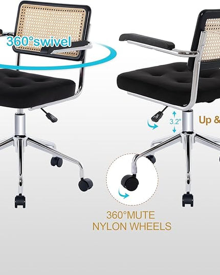 Zesthouse Modern Home Office Chair Velvet Desk Chair with Natural Rattan Back, Vanity Chair for Girls Women, Upholstered Tufted Swivel Armchair, Height Adjustable Computer Task Chair, Black - LeafyLoom