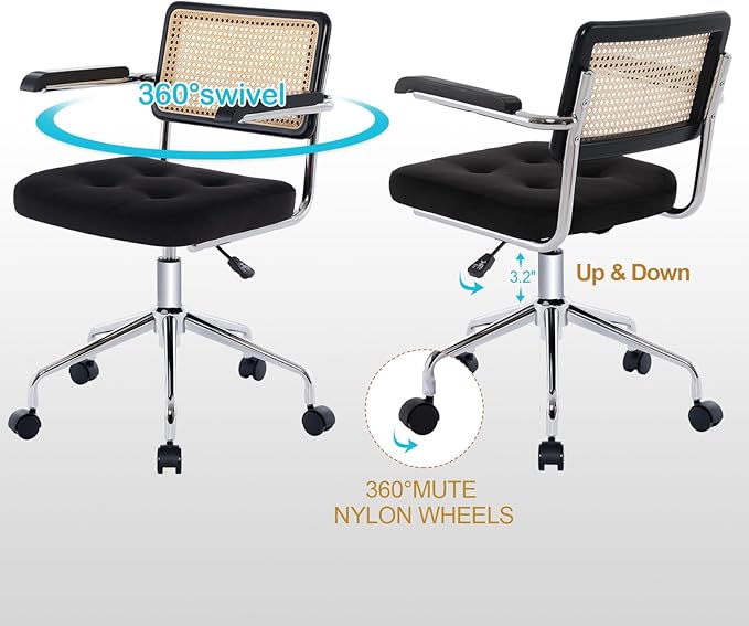 Zesthouse Modern Home Office Chair Velvet Desk Chair with Natural Rattan Back, Vanity Chair for Girls Women, Upholstered Tufted Swivel Armchair, Height Adjustable Computer Task Chair, Black - LeafyLoom