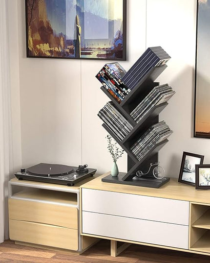 Topfurny Tree Bookshelf, 4-Tier Book Storage Organizer Shelves Floor Standing Bookcase, Wood Storage Rack for Office Home School Shelf Display for Cd/Magazine/Book -Black - LeafyLoom