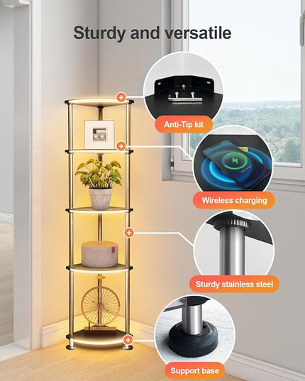 Floor Lamp, Corner Standing Lamp with Shelves, Dimmable Light, Music Sync, Timing, Wireless Charger, and USB Port (Black, 5 Tiers) - LeafyLoom