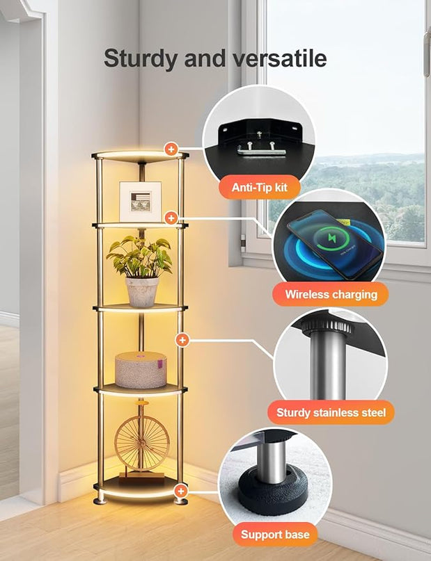 Floor Lamp, Corner Standing Lamp with Shelves, Dimmable Light, Music Sync, Timing, Wireless Charger, and USB Port (Black, 5 Tiers) - LeafyLoom