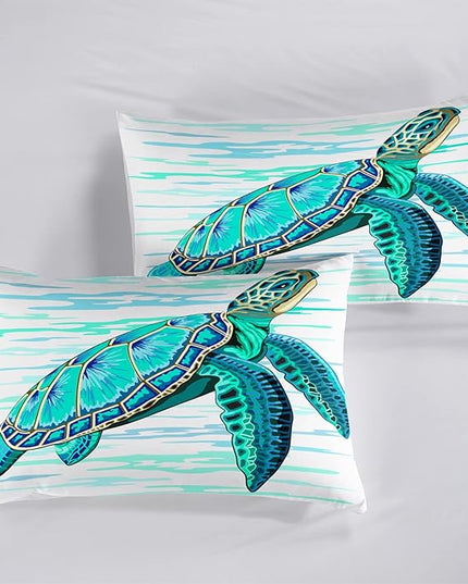 CVHOUSE Sea Turtle Bedding Set,Sea Turtle Comforter Queen,Ocean Bohemia Comforter Set for Boys Kids Girls,Ocean Quilt Set with 1 Comforter and 2 Pillow Cases - LeafyLoom