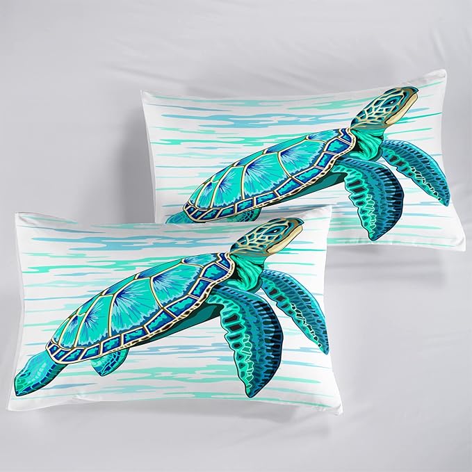 CVHOUSE Sea Turtle Bedding Set,Sea Turtle Comforter Queen,Ocean Bohemia Comforter Set for Boys Kids Girls,Ocean Quilt Set with 1 Comforter and 2 Pillow Cases - LeafyLoom