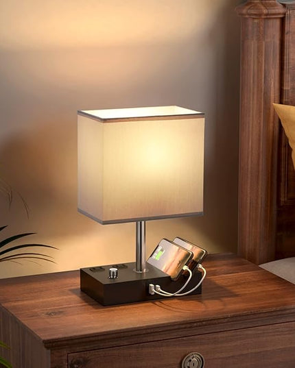 Kakanuo Table Lamp for Bedroom with Dual USB Ports, Grey Fully Dimmable Bedside Lamp with Phone Stands and 2 Charging Outlets, Desk Lamp for Nightstand and Living Room, LED Bulb Included - LeafyLoom