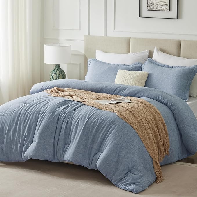 CozyLux Full Size Comforter Set - 3 Pieces Blue Soft Luxury Cationic Dyeing Bedding Comforter for All Season, Breathable Lightweight Fluffy Bed Set with 1 Comforter and 2 Pillow Shams - LeafyLoom