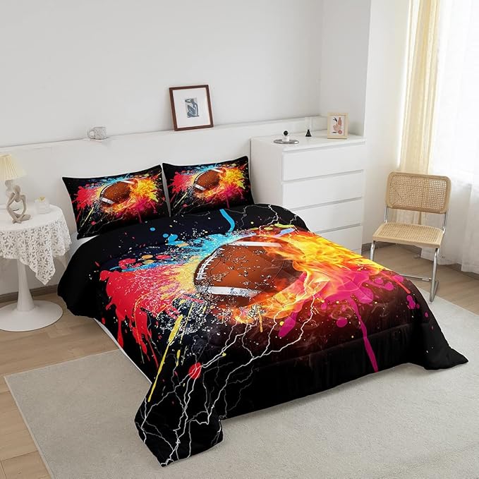 Erosebridal Football Comforter Set for Teen Boys Kids Hippie Tie Dye Sports Football Bedding Sets Rugby Bed Quilt Set Queen Size 1 Comforter and 2 Pillow Cases Colorful Sport Theme Bedroom Decor - LeafyLoom