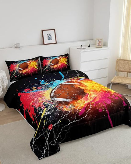 Erosebridal Football Comforter Set for Teen Boys Kids Hippie Tie Dye Sports Football Bedding Sets Rugby Bed Quilt Set King Size 1 Comforter and 2 Pillow Cases Colorful Sport Theme Bedroom Decor - LeafyLoom