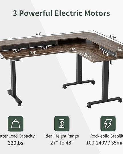 FEZIBO Triple Motor 63" L Shaped Standing Desk with 3 Drawers, Electric Gaming Desk Adjustable Height, Corner Stand up Desk with Splice Board, Black Frame/Black Walnut Top - LeafyLoom