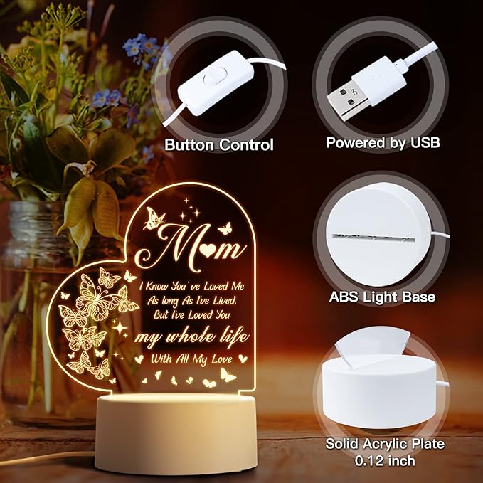 Mothers Day Gifts, Gifts for Mom, Birthday Gifts for Mom from Daughter Son, Best Mom Ever Gifts for Thanksgiving, Christmas, Engraved Night Light Gifts for Mom Who Has Everything, Bonus Mom, Stepmom - LeafyLoom