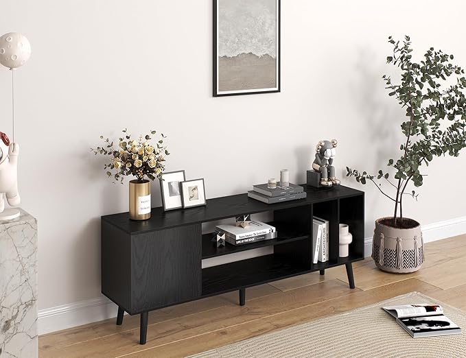 Yusong TV Stand for 55/65 inch TV, Mid Century Modern TV Console Table, Media Entertainment Center with Storage for Living Room Bedroom, Wood TV Cabinet, Oak Black - LeafyLoom