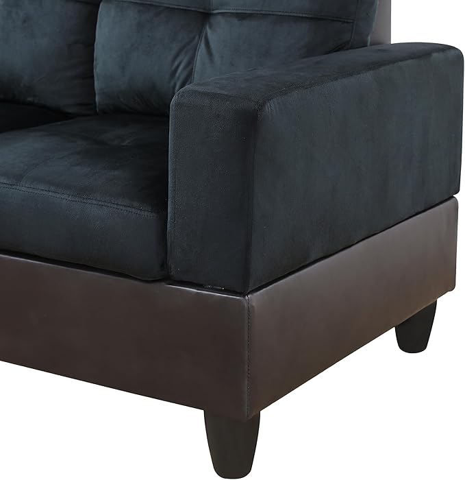 ROOMTEC 3 Piece L Shaped Sectional Sofa Set with Storage Ottoman, Right Facing Chaise Longue, Reversible Backrest w/ 2 Cup Holders, Lint Tufted Cushions, for Living Room, Dark Blue and Brown - LeafyLoom