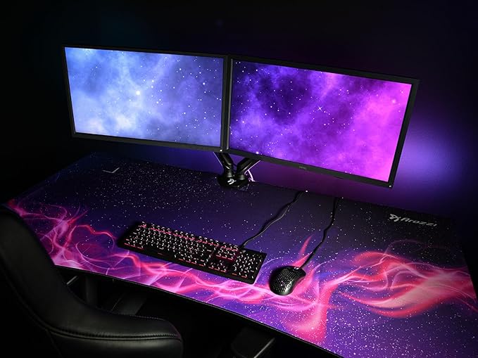 Arozzi Arena Special Edition Ultrawide Curved Gaming and Office Desk with Full Surface Water Resistant Desk Mat Custom Monitor Mount Cable Management Cut Outs - Purple Galaxy - LeafyLoom
