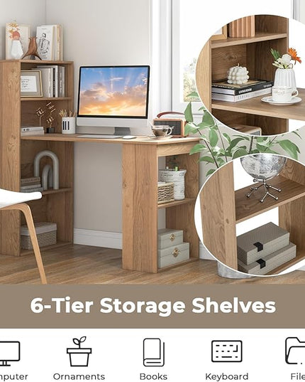 Computer Desk with Shelves, Natural - LeafyLoom
