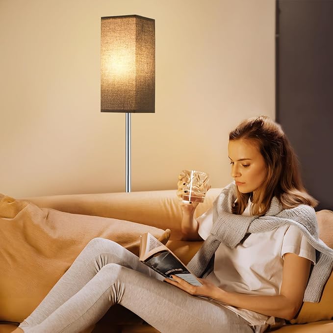 Ambimall Remote Control Floor Lamp, Stepless Dimmable, 64 Inches Tall, Include 9W Bulb, Standing Lamp for Living Room Bedroom Office (Black & Sliver) - LeafyLoom