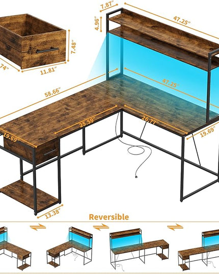 L Shaped Home Office Desk, Reversible Gaming Desk with Drawers, Led Lights & Power Outlets Rustic Brown - LeafyLoom