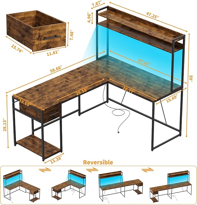L Shaped Home Office Desk, Reversible Gaming Desk with Drawers, Led Lights & Power Outlets Rustic Brown - LeafyLoom
