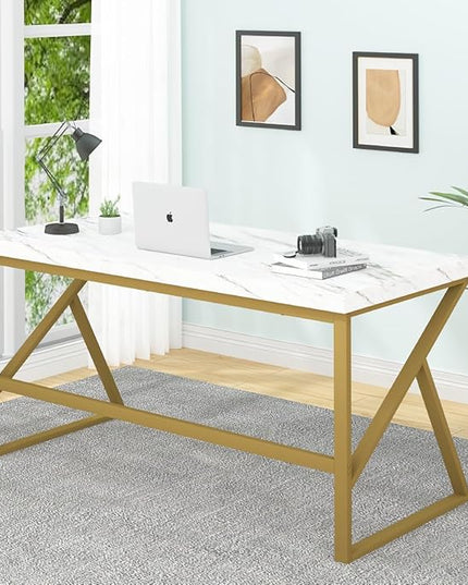 HSH White Faux Marble and Gold Desk, Modern Home Office Executive PC Laptop Computer Desk, Farmhouse Writing Study Work Gaming Table for Bedroom Living Room, Simple Metal Wood Workstation, 55 Inch - LeafyLoom