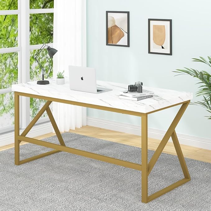 HSH White Faux Marble and Gold Desk, Modern Home Office Executive PC Laptop Computer Desk, Farmhouse Writing Study Work Gaming Table for Bedroom Living Room, Simple Metal Wood Workstation, 55 Inch - LeafyLoom