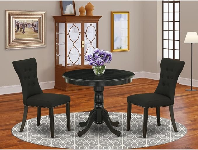 East West Furniture ANGA3-ABK-24 3 Piece Dinette Set for Small Spaces Contains a Round Kitchen Table with Pedestal and 2 Linen Fabric Parson Dining Chairs, Wirebrushed Black - LeafyLoom