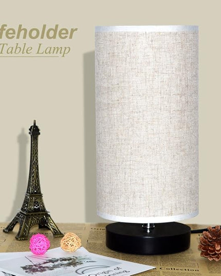 Table Lamp, Bedside Nightstand Lamp, Simple Desk Lamp, Fabric Wooden Table Lamp for Bedroom Living Room Office Study, Cylinder Black Base - LeafyLoom