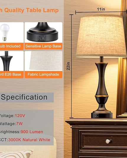 Upgraded Touch Lamps for Bedrooms Set of 2 - Nightstand Table Lamp with USB C+A, 3 Way Dimmable Bedside Lamps for Living Room End Tables, Farmhouse BedroomLamp1 Night Stand Lamps for Office - LeafyLoom