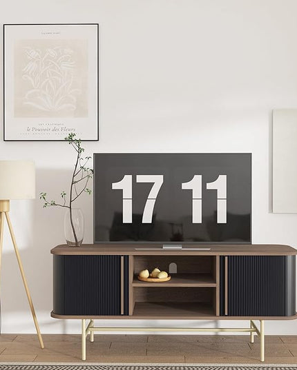 roomfitters Sideboard Buffet Cabinet with Sliding Doors, Mid Century Modern Credenza with 2 Tambour Doors, Minimalist Accent Storage Cabinet for Living Room, Media Console with Storage, Walnut Black - LeafyLoom